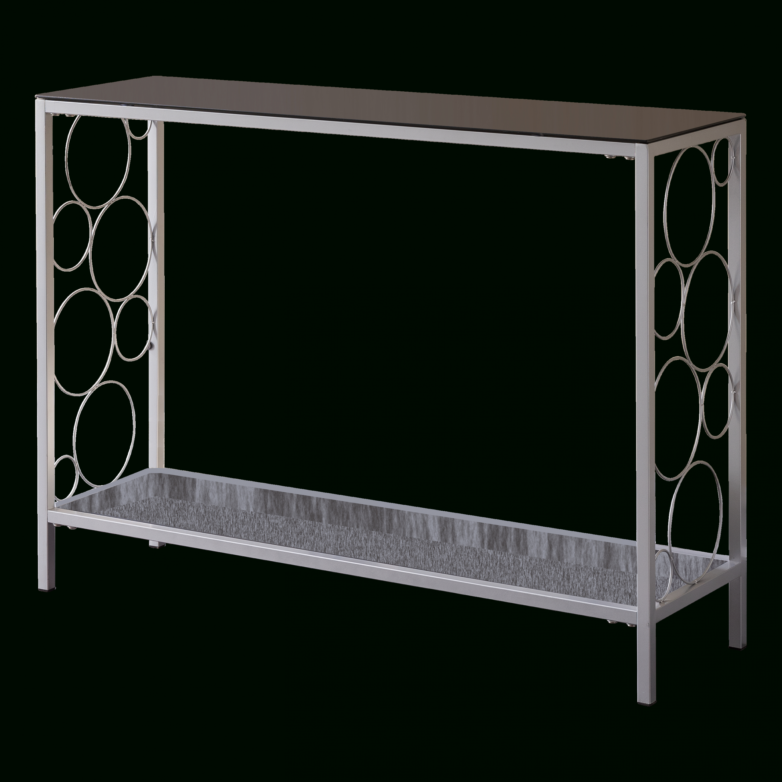 Ewing Silver Metal / Black Glass Console Table – 2kfurniture For Antique Silver Aluminum Console Tables (View 11 of 20)