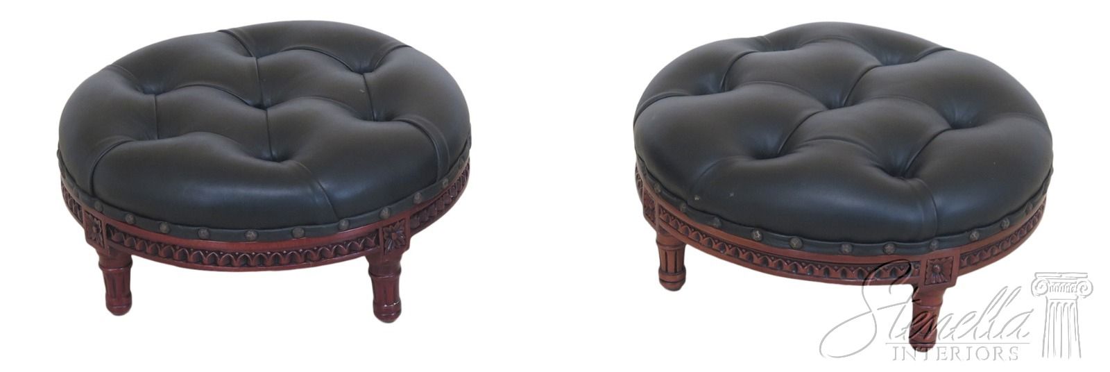 F31341ec: Pair Round Tufted Black Leather Ottoman Or Stools With Regard To Black Leather And Bronze Steel Tufted Ottomans (View 15 of 20)