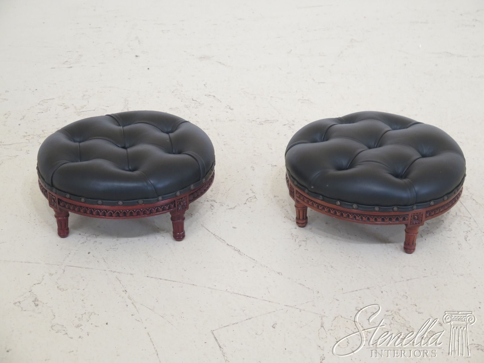 F31341ec: Pair Round Tufted Black Leather Ottoman Or Stools With Round Black Tasseled Ottomans (View 20 of 20)