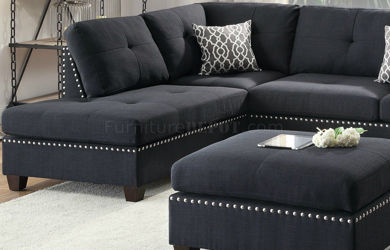 F6974 Sectional Sofa In Black Fabricboss W/ Ottoman With Dark Blue Fabric Banded Ottomans (View 1 of 20)