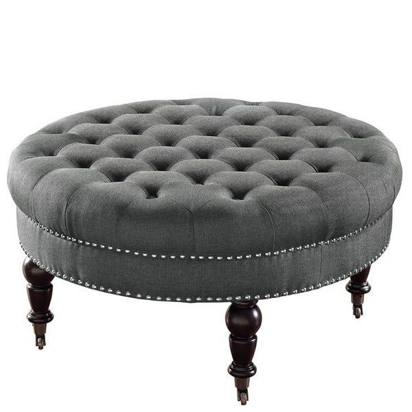 Fabric Upholstered Round Tufted Ottoman With Wood Legs, Gray And Black In Gray And White Fabric Ottomans With Wooden Base (View 13 of 17)