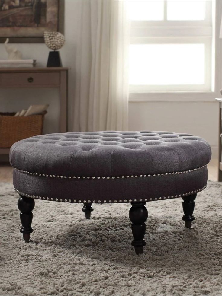 Fabric Upholstered Round Tufted Ottoman With Wood Legs, Gray And Black Pertaining To Black Leather And Bronze Steel Tufted Ottomans (View 8 of 20)