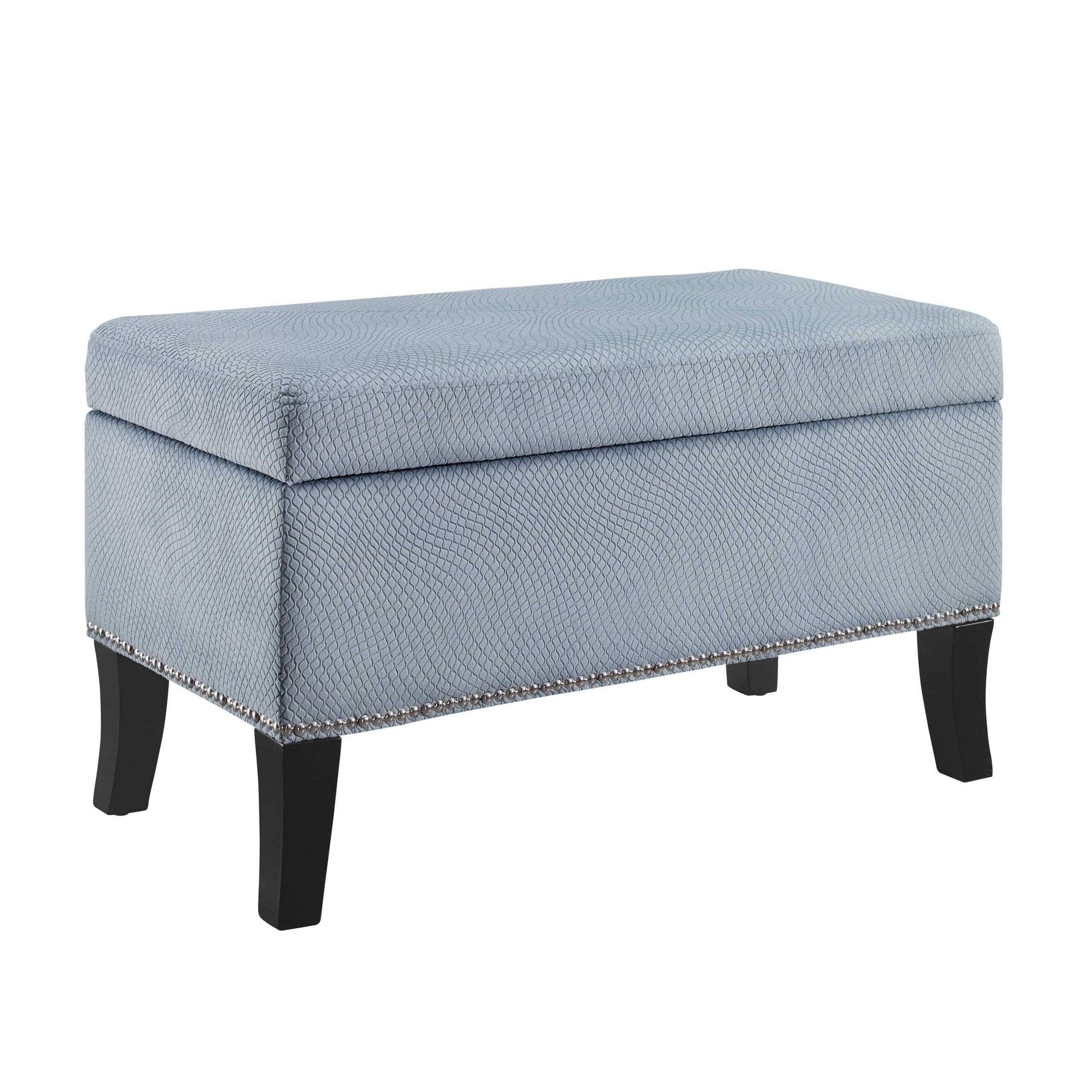 Fabric Upholstered Wooden Ottoman With Nailhead Trim, Blue And Black In Gray Fabric Round Modern Ottomans With Rope Trim (View 9 of 20)