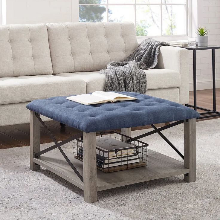Farmhouse Blue Tufted Ottoman With Shelf | Pier 1 In 2020 | Storage With Blue Woven Viscose Square Pouf Ottomans (View 8 of 20)