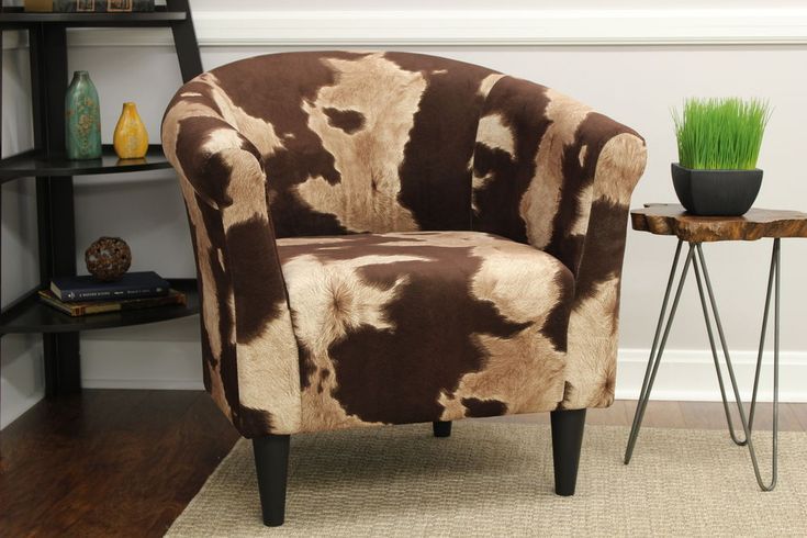 Faux Cow Hide Barrel Accent Chair Animal Print Fabric Brown White Within Lack Faux Fur Round Accent Stools With Storage (View 4 of 20)
