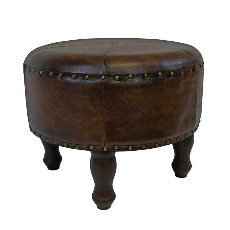 Faux Leather 20" Round Ottoman In Brown – Ywlf 2524 Br Throughout Brown And Ivory Leather Hide Round Ottomans (View 19 of 20)