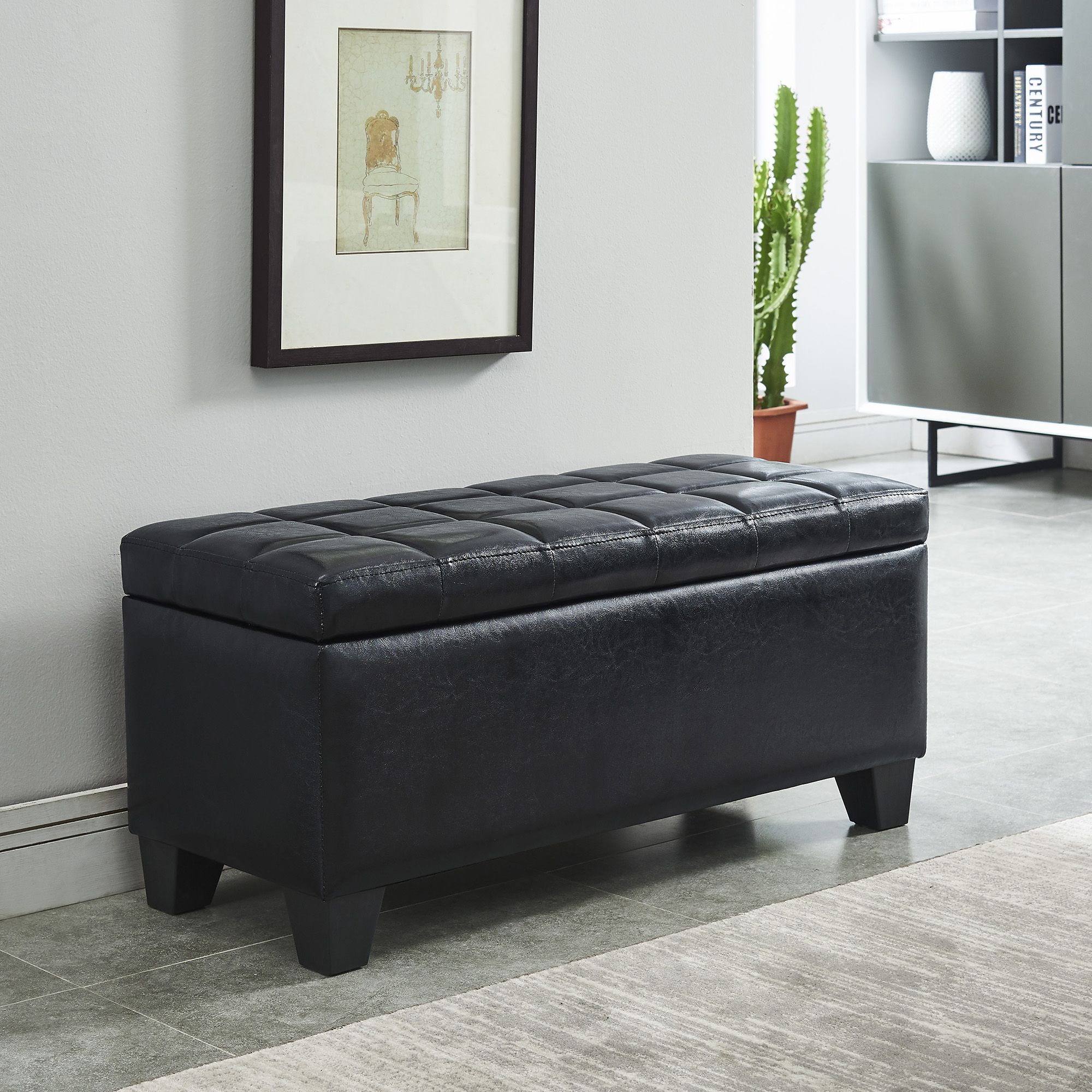 Faux Leather Storage Ottoman, Black – Walmart – Walmart Within Weathered Gold Leather Hide Pouf Ottomans (View 11 of 20)