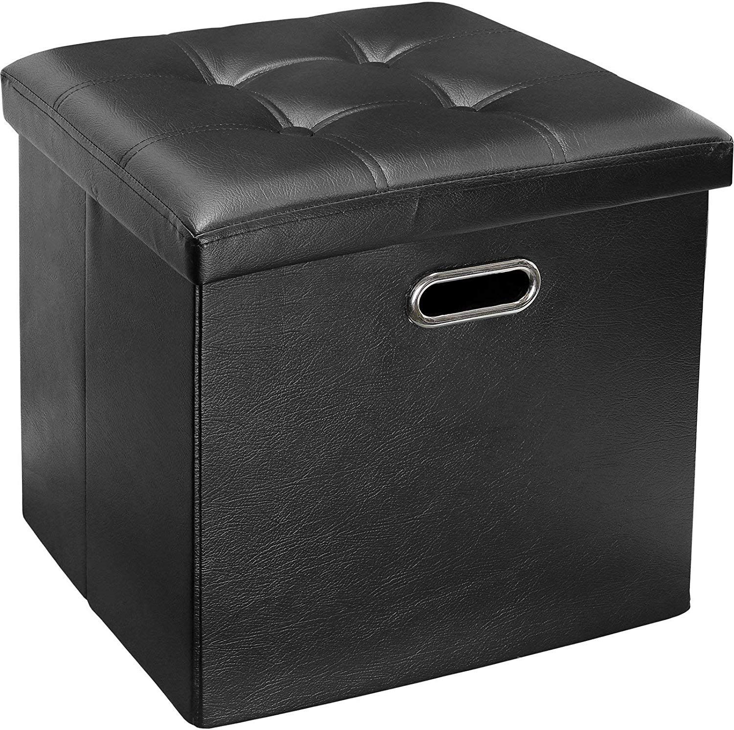 Faux Leather, Tufted, Ottoman Stool Seat And Foot Rest, Collapsible Throughout Black Faux Leather Storage Ottomans (View 5 of 20)