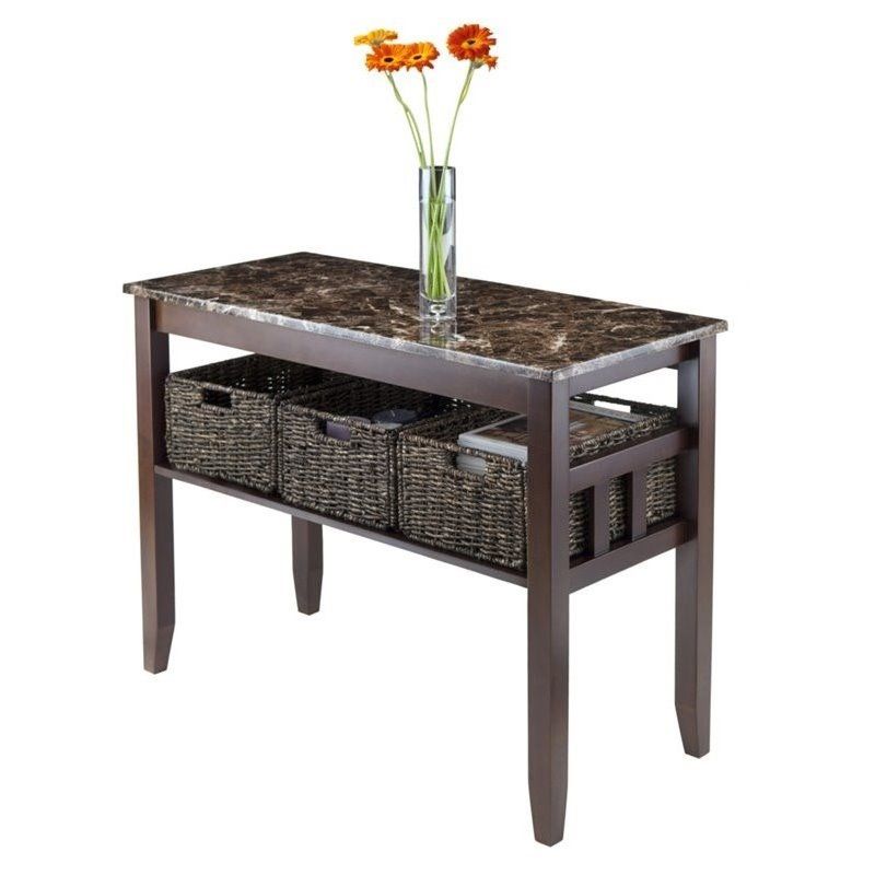 Faux Marble Top Console Table With 3 Baskets In Chocolate – 76342 Within Faux White Marble And Metal Console Tables (View 10 of 20)