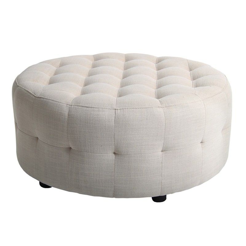 Felicie Tufted Linen Round Ottoman, Cream Pertaining To Wool Round Pouf Ottomans (View 11 of 20)