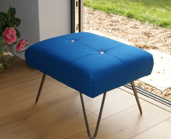 Footstool Ottoman Blue Wool Hairpin Legs | Footstool, Ottoman Pertaining To Stone Wool With Wooden Legs Ottomans (View 4 of 20)
