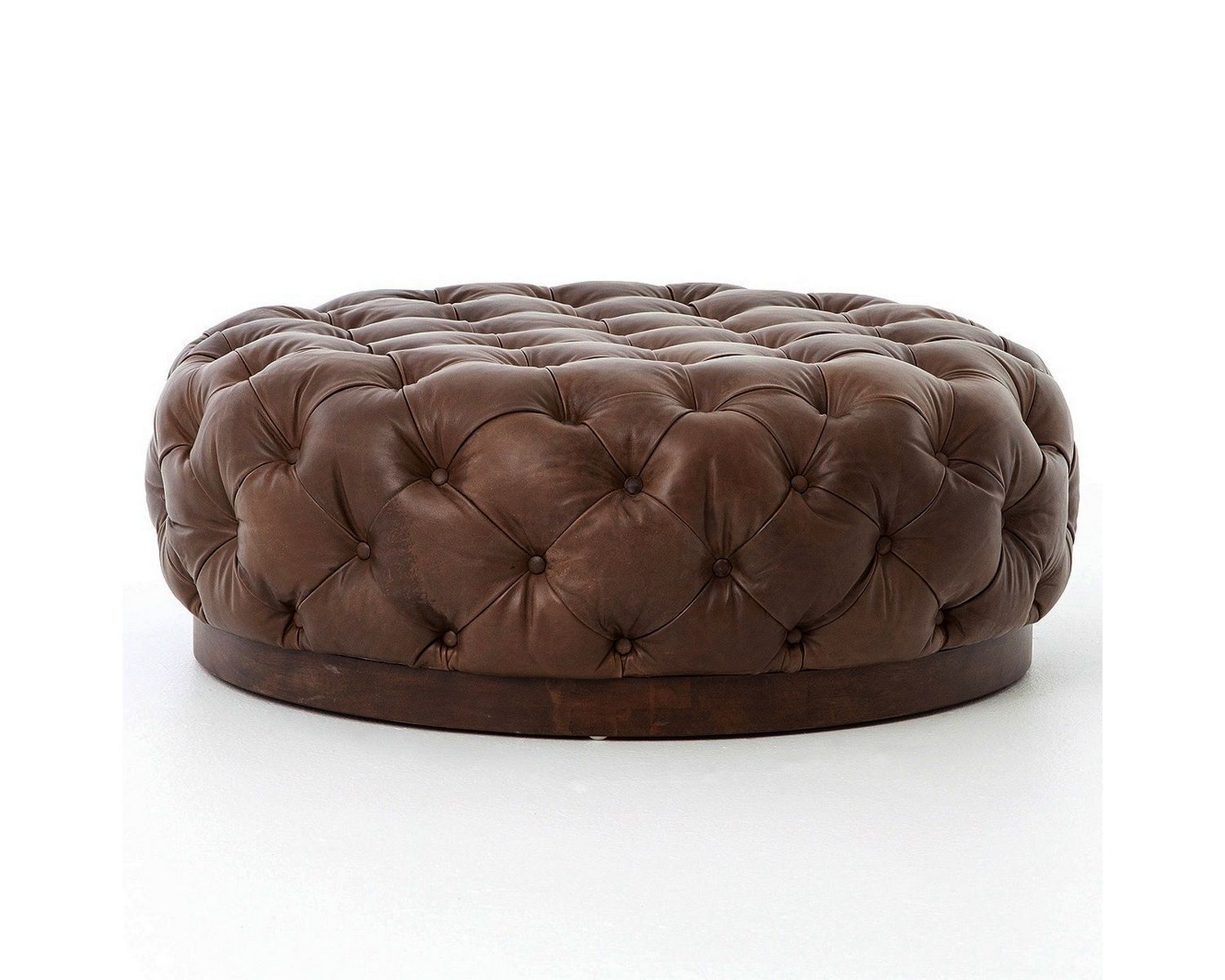 For Cocktail Round Leather Ottoman | Leather Cocktail Ottoman, Wood Throughout Brown Faux Leather Tufted Round Wood Ottomans (View 9 of 20)