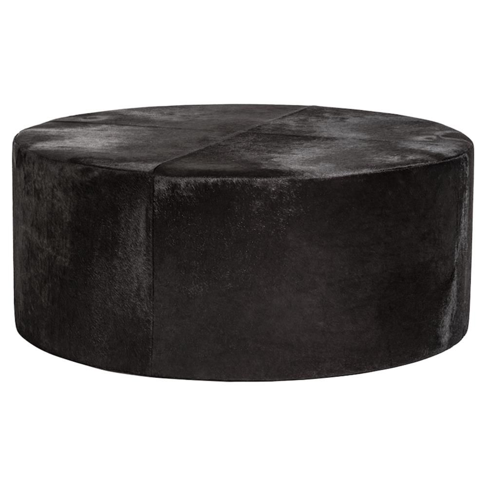 Francis Modern Black Leather Upholstered Round Block Cocktail Ottoman For Black White Leather Pouf Ottomans (Gallery 19 of 20)