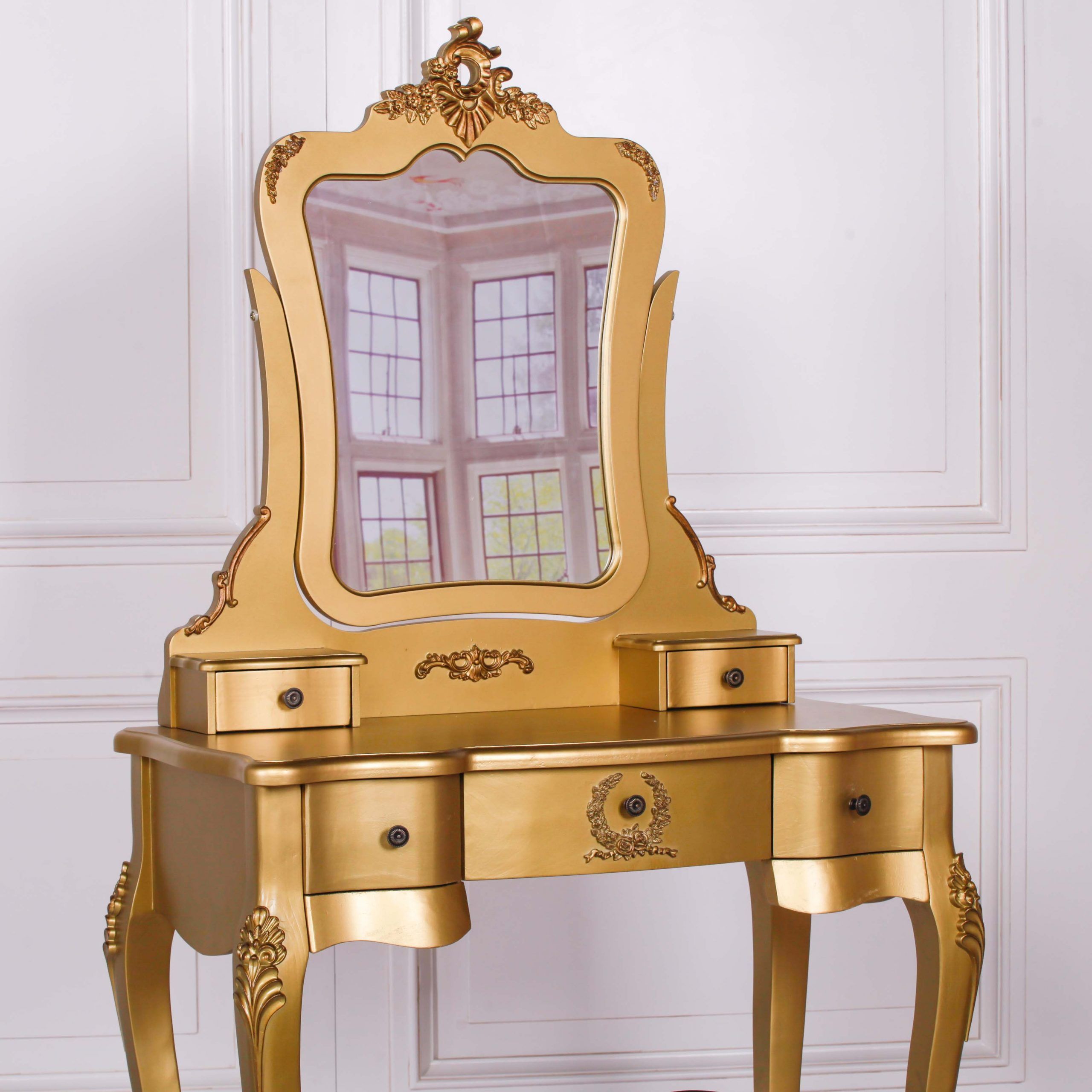 French Antique Gold Dressing Table & Stool – Maison Reproductions In Cream And Gold Hardwood Vanity Seats (View 19 of 20)