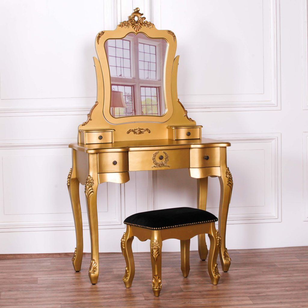 French Antique Gold Dressing Table & Stool – Maison Reproductions Throughout Cream And Gold Hardwood Vanity Seats (View 16 of 20)