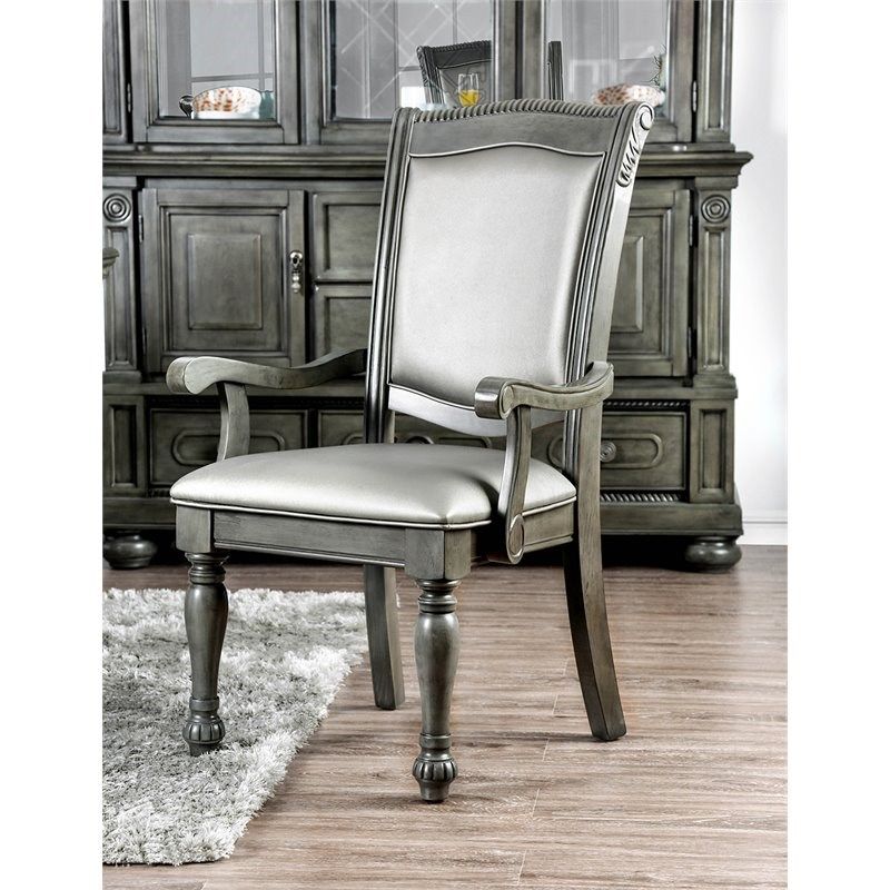 Furniture Of America Alstroemeria Gray Faux Leather Dining Arm Chair Intended For Espresso Faux Leather Ac And Usb Ottomans (View 20 of 20)