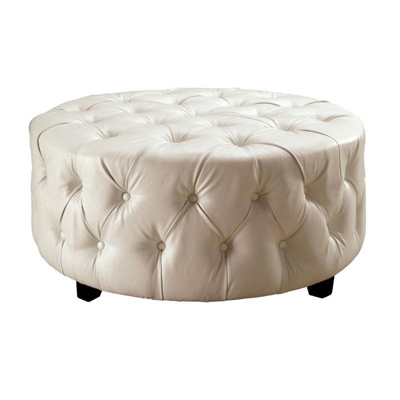 Furniture Of America Aviles Faux Leather Round Tufted Ottoman In White Regarding Round Gray Faux Leather Ottomans With Pull Tab (View 2 of 19)