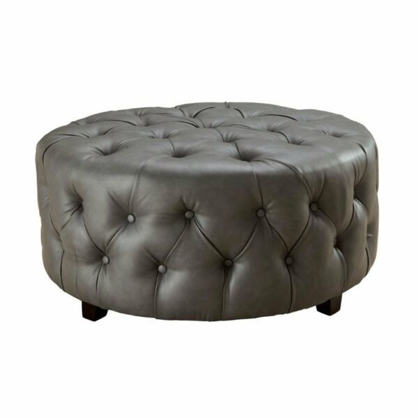 Furniture Of America Aviles Round Tufted Leather Ottoman In Gray For For Brown Leather Hide Round Ottomans (View 6 of 20)