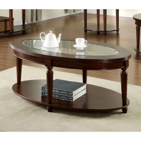 Furniture Of America Crescent Dark Cherry Glass Top Oval Coffee Table With Regard To Espresso Wood And Glass Top Console Tables (View 10 of 20)