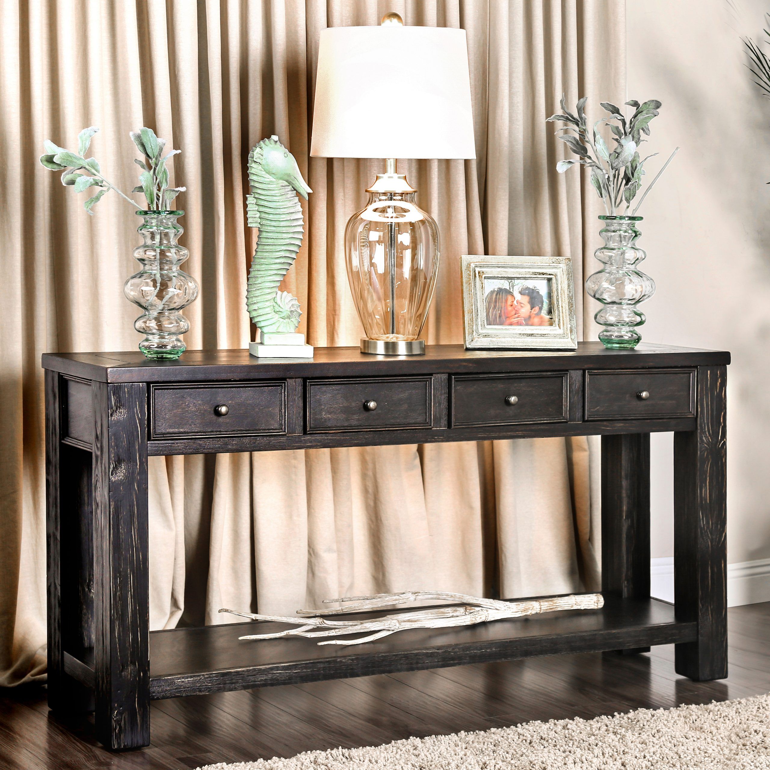 Furniture Of America Keller Rustic 4 Drawer Sofa Table, Antique Black Throughout Rustic Oak And Black Console Tables (View 9 of 20)