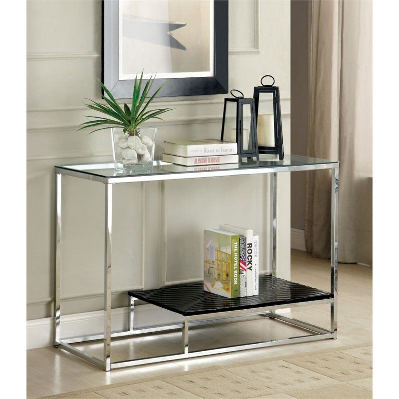 Furniture Of America Nadia Glass Top Console Table In Chrome And Black Intended For Glass And Pewter Oval Console Tables (View 13 of 20)