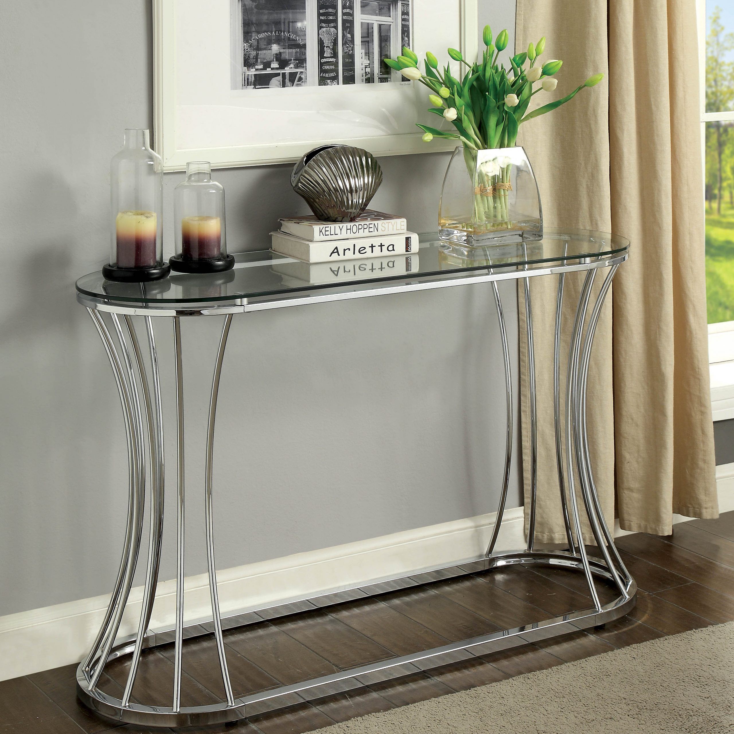 Furniture Of America Rocca Contemporary Glass Top Console Table, Chrome Intended For Glass And Pewter Console Tables (View 19 of 20)