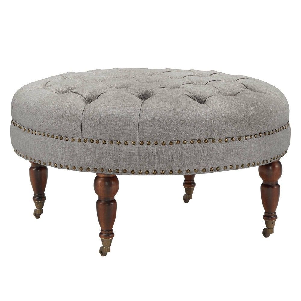 Georgya Tufted Round Ottoman With Casters – Gray Linen – Inspire Q Throughout Smoke Gray  Round Ottomans (View 2 of 20)