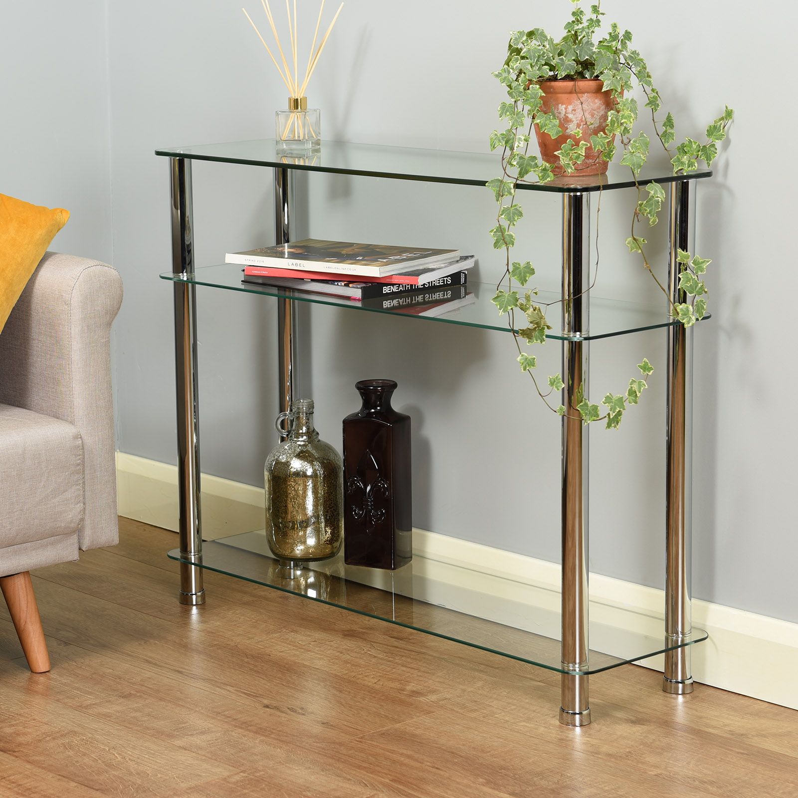 Glass 3 Tier Side/console Table Shelf Unit Bedroom/lounge/hallway Inside Glass And Pewter Console Tables (View 6 of 20)