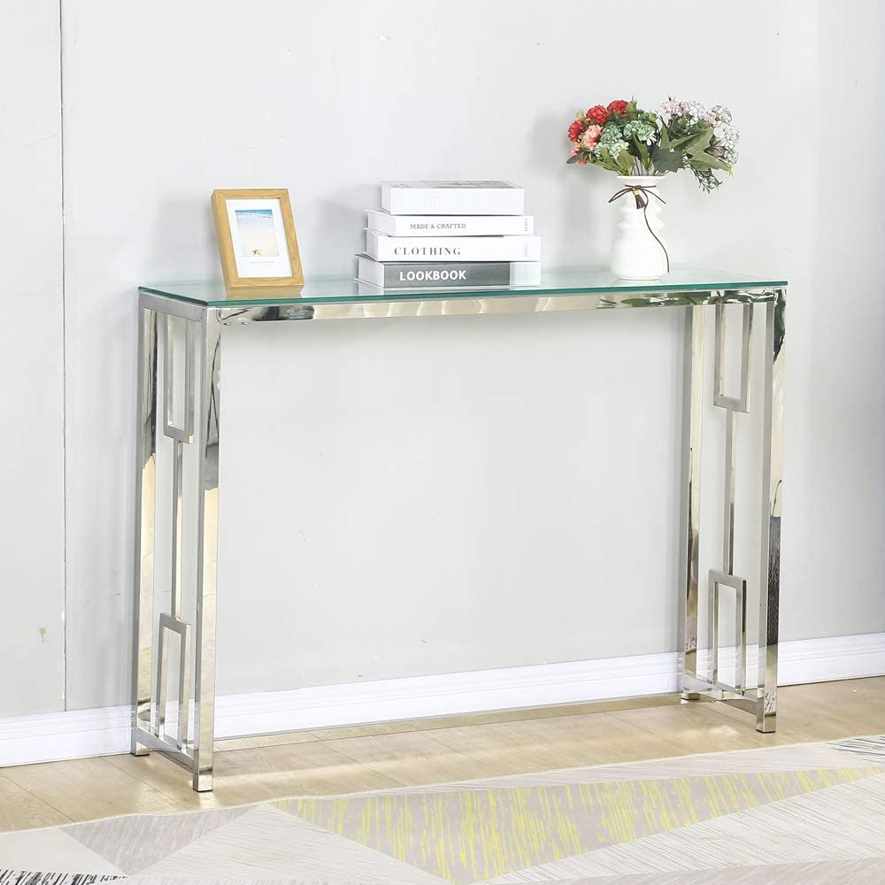 Glass Console Table Modern Metal Chrome Sofa Table Clear For Living Intended For Chrome Console Tables (View 2 of 20)