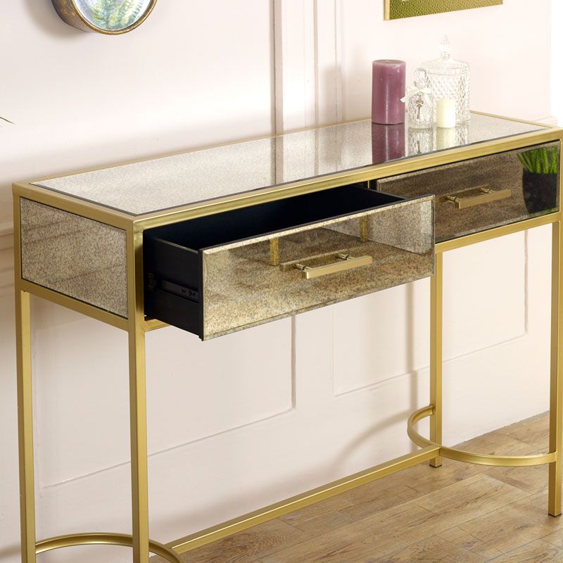 Gold Antique Mirrored Console Table – Cleopatra Range | Melody Maison® Within Antiqued Gold Rectangular Console Tables (View 9 of 20)