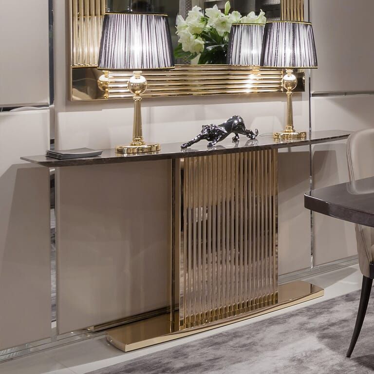Gold Contemporary Italian Designer Marble Console – Juliettes Interiors Regarding Gold And Mirror Modern Cube Console Tables (View 11 of 20)
