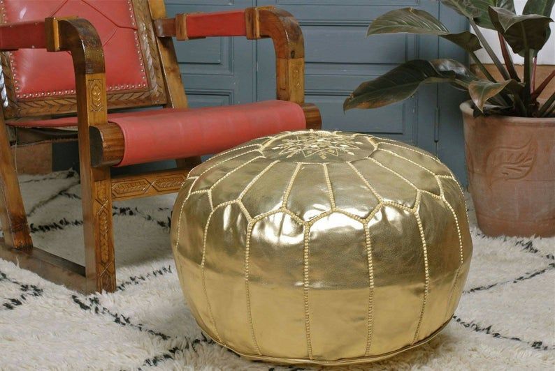 Gold Faux Leather Pouf, Berber Pouf, Ottoman Footstool , Moroccan Pertaining To Gold Faux Leather Ottomans With Pull Tab (View 2 of 20)