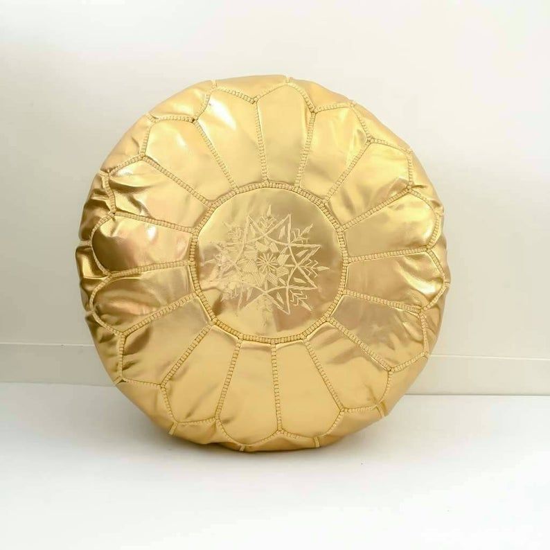Gold Faux Leather Pouf, Berber Pouf, Ottoman Footstool , Moroccan Regarding Gold Faux Leather Ottomans With Pull Tab (View 10 of 20)