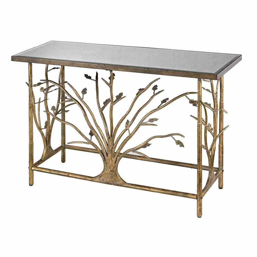Gold Leafed Metal Branch Console Table Antique Mirrored Top Elk 114 95 In Walnut Wood And Gold Metal Console Tables (View 9 of 20)