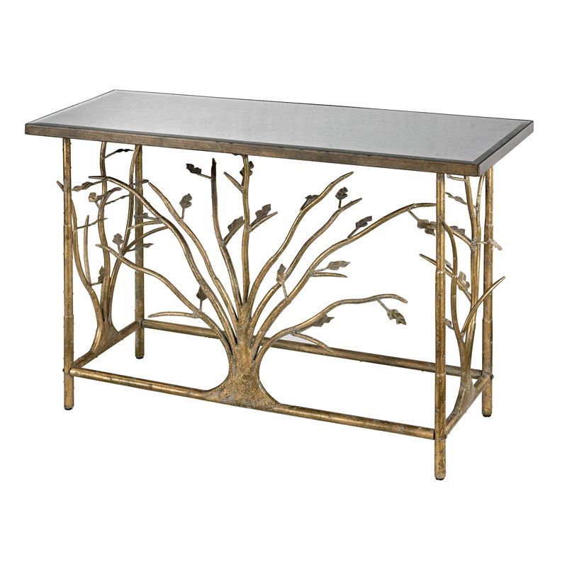Gold Leafed Metal Branch Console Table With Antique Mirrored Top Throughout Antique Mirror Console Tables (View 17 of 20)