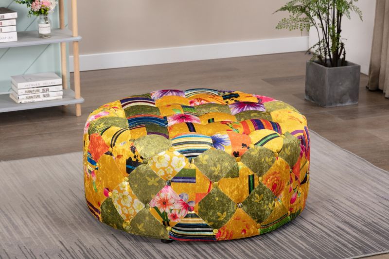 Gold Patchwork Fabric Avici Large Round Ottoman For Green Fabric Oversized Pouf Ottomans (View 11 of 20)