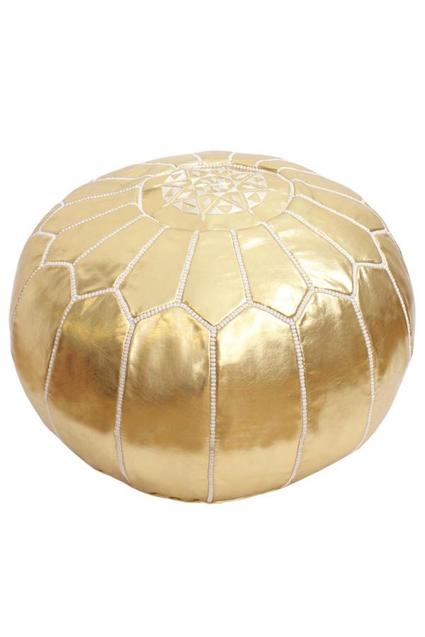 Gold Pouf Moroccan Pouf | Vegan Faux Leather | Embroidered Footstool Throughout Gold Faux Leather Ottomans With Pull Tab (View 14 of 20)