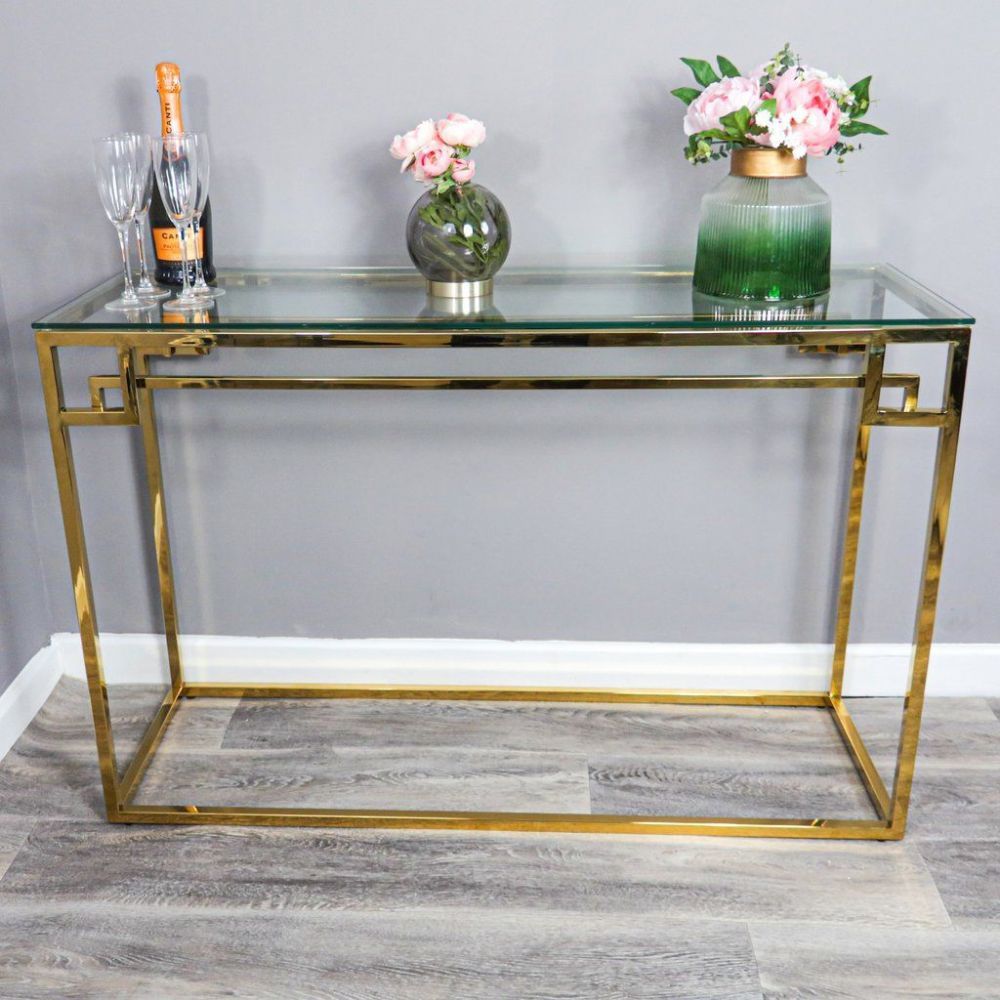 Gold Stainless Steel Metal Console Side Hall Table With Glass Top – All In Silver Stainless Steel Console Tables (View 4 of 20)