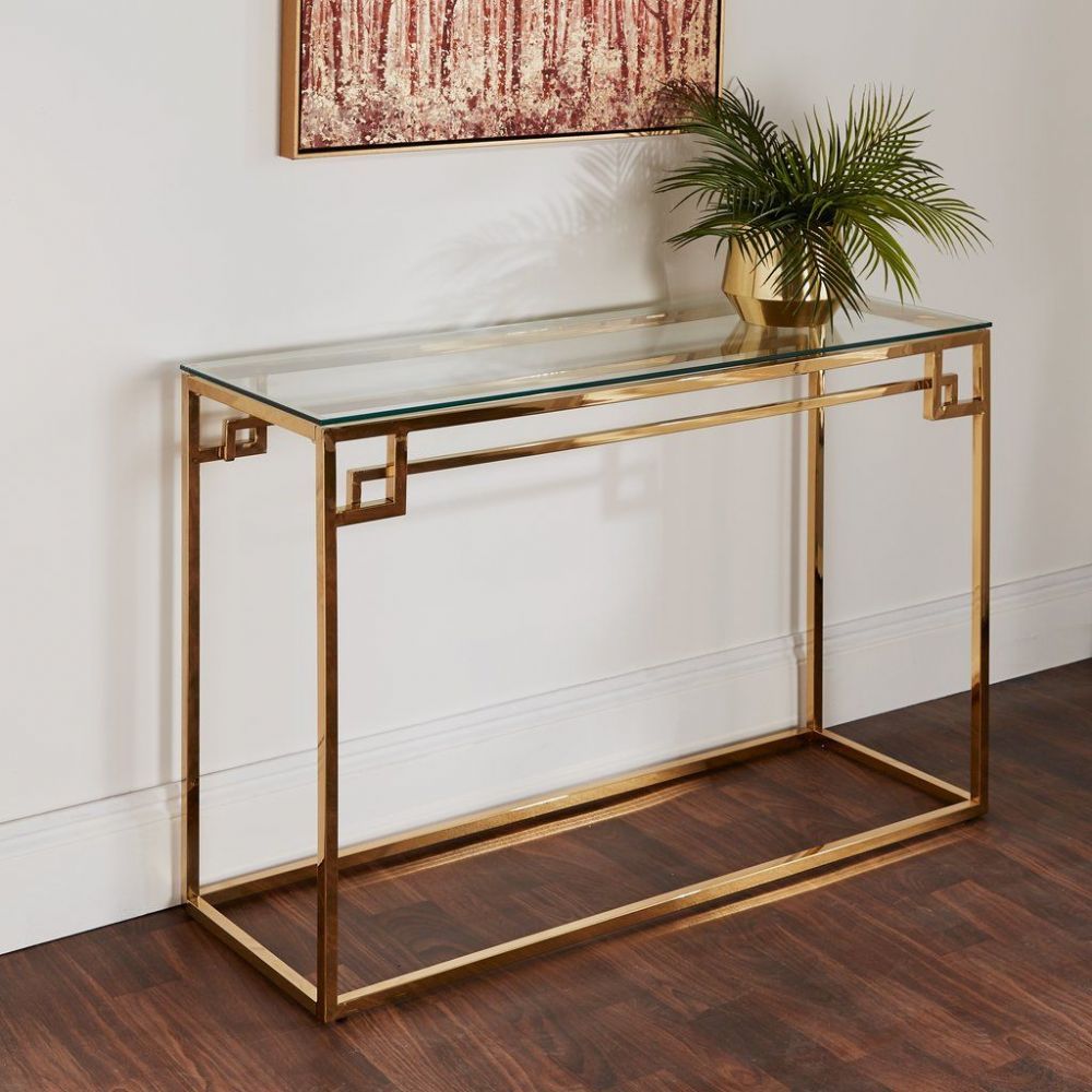 Gold Stainless Steel Metal Console Side Hall Table With Glass Top – All Inside Glass Console Tables (View 4 of 20)