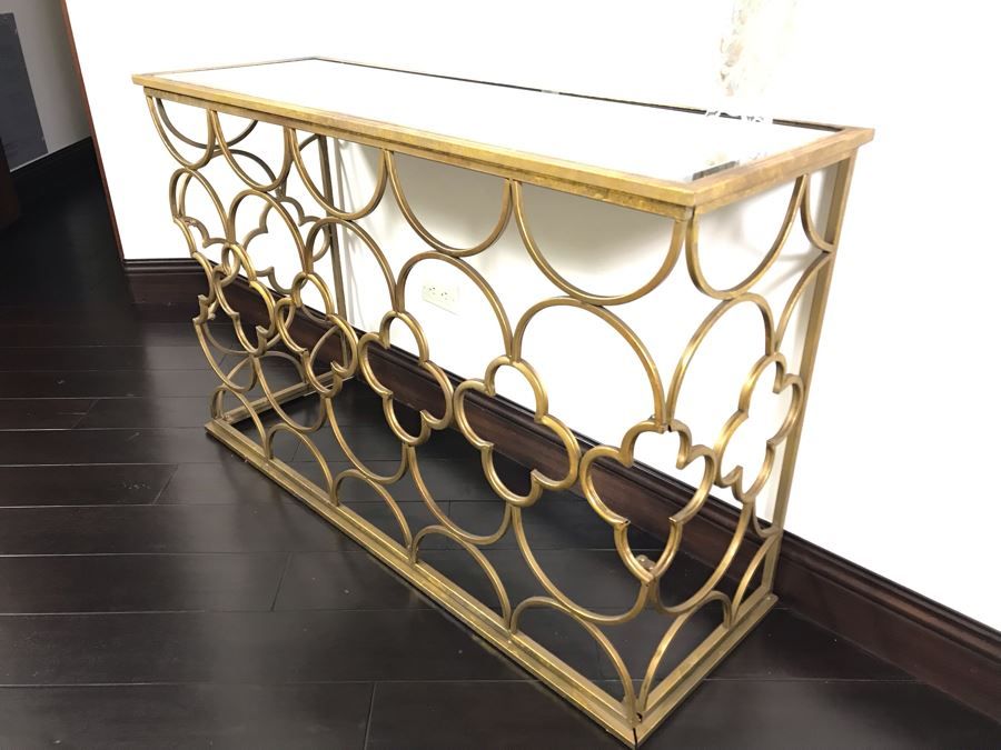 Gold Tone Metal Console Table With Mirrored Top – Collapsible 49w X 16 Inside Geometric Glass Top Gold Console Tables (View 11 of 20)