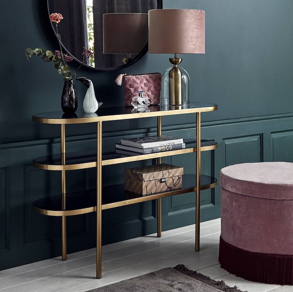 Golden Oval Console Table With Black Glassthe Forest & Co Intended For Square Matte Black Console Tables (View 11 of 20)