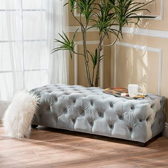 Great Deal Furniture 298424 Provence Light Grey Tufted Velvet Fabric Pertaining To Honeycomb Silver Velvet Fabric Ottomans (View 7 of 20)