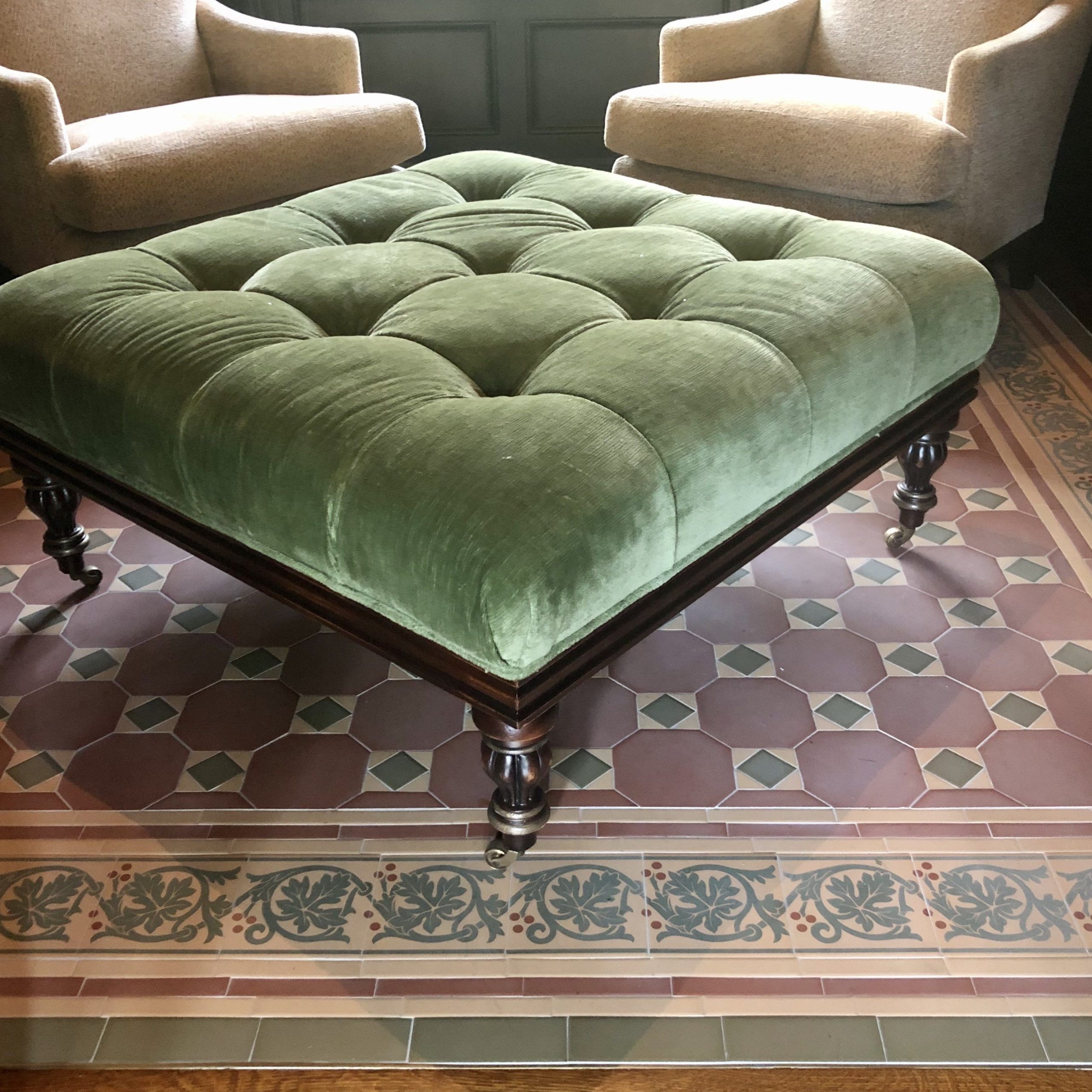 Green Velvet Tufted English Square Ottoman On Casters • The Local Vault Within Velvet Pleated Square Ottomans (View 7 of 20)
