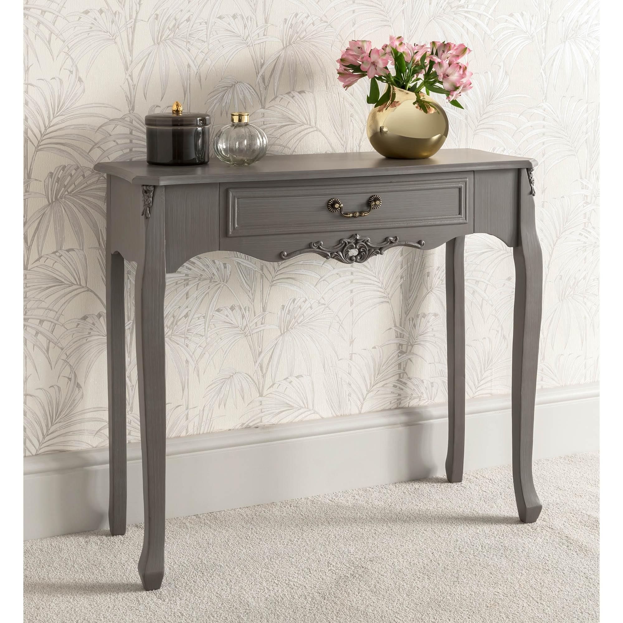 Grey 1 Drawer Antique French Style Console Table | Shabby Chic Table Pertaining To Vintage Gray Oak Console Tables (View 10 of 20)