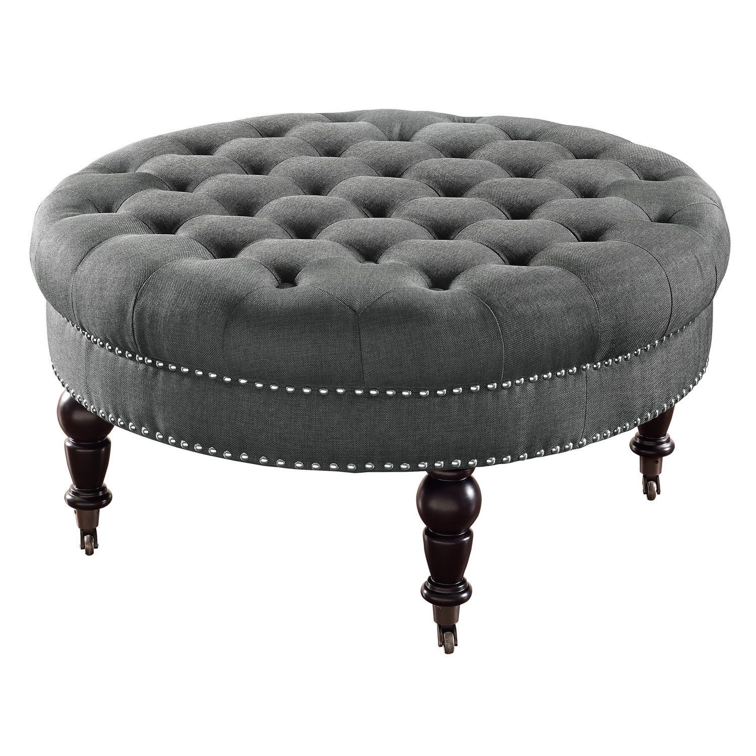 Grey Leather Round Ottoman | Round Tufted Ottoman, Tufted Ottoman Regarding Smoke Gray  Round Ottomans (View 1 of 20)