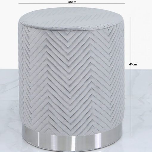 Grey Patterned Velvet And Chrome Round Footstool Stool Ottoman In Gray Velvet Brushed Geometric Pattern Ottomans (View 10 of 20)
