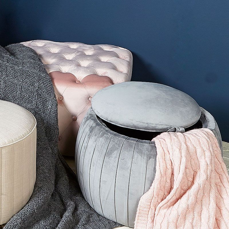 Grey Round Velvet Storage Stool In Plush Fabric | Picture Perfect Home Intended For Gray Velvet Ribbed Fabric Round Storage Ottomans (View 7 of 20)