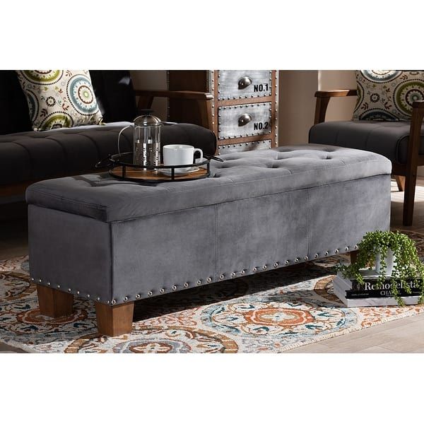 Grey Tufted Storage Ottoman – Baxton Studio Valere Glam Luxe Grey Intended For Honeycomb Silver Velvet Fabric Ottomans (View 10 of 20)