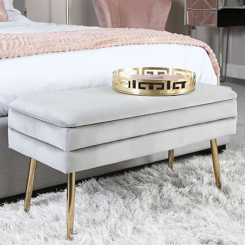 Grey Velvet And Gold Metal Storage Ottoman Bench | Picture Perfect Home With Regard To Honeycomb Cream Velvet Fabric And Gold Metal Ottomans (View 10 of 20)