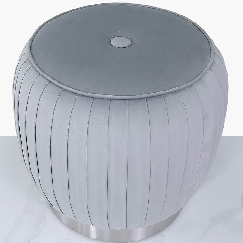 Grey Velvet And Stainless Steel Round Footstool Ottoman | Picture Throughout Gray Velvet Oval Ottomans (View 10 of 20)